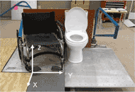 A manual wheelchair is placed adjacent to the left side of a commode on a transfer station. The transfer station includes three force plates, which are placed underneath the wheelchair, the toilet, and the subject’s feet, and two 6-component load cells, each attached to a steel beam used to simulate an armrest of the wheelchair and a grab bar next to the toilet. 